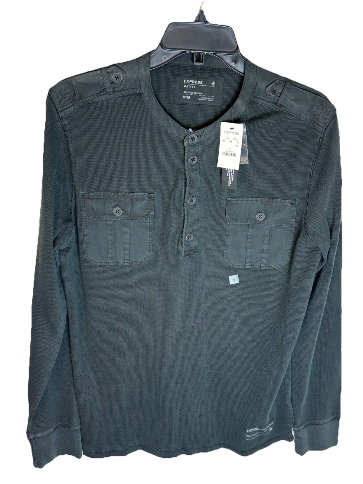 Express Waffle Henley T-Shirt Mens Med 100% Cotton Black Long Sleeve Pullover gallery