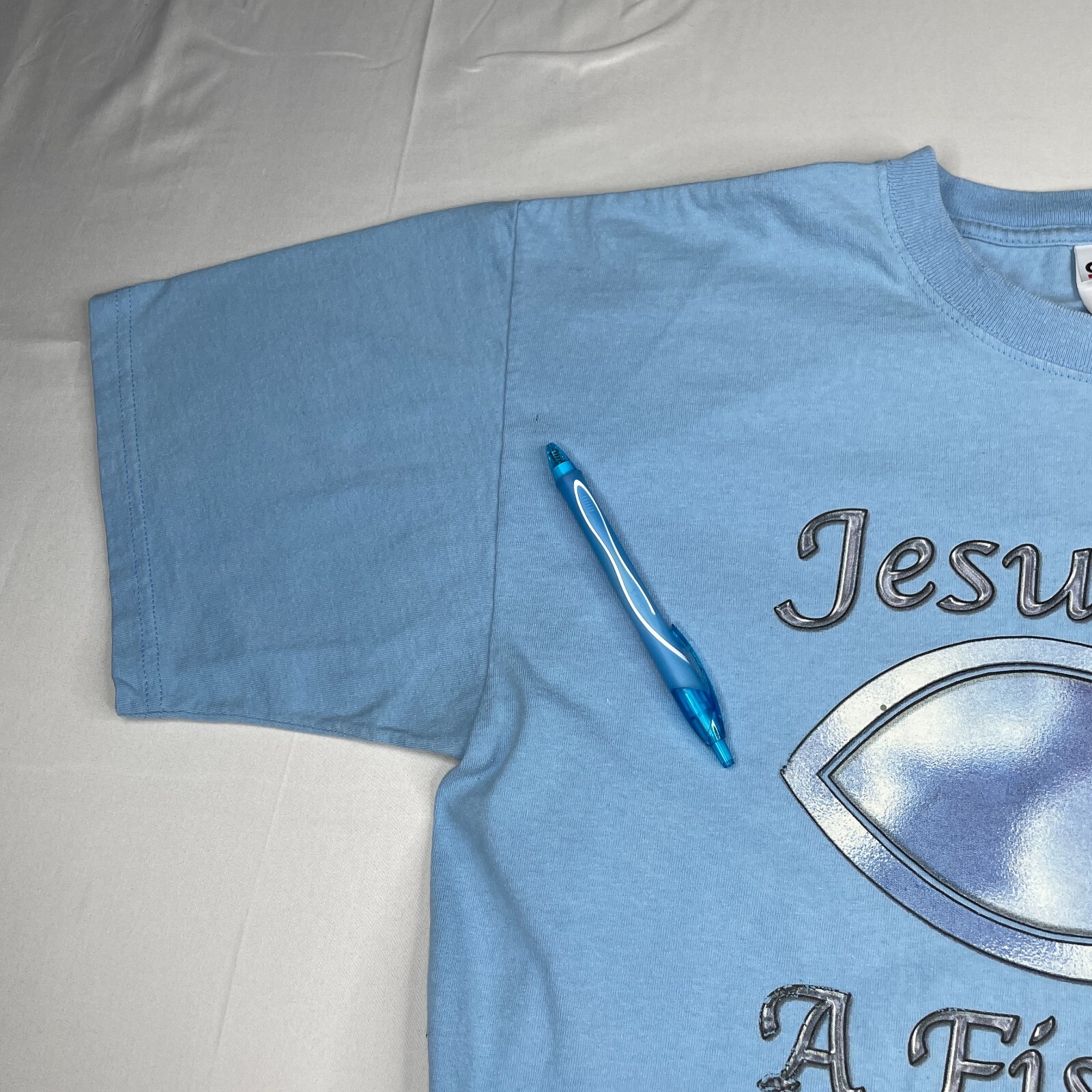 Vintage T Shirt Mens Large Blue Short Sleeve Tee Jesus Was A Fisherman gallery