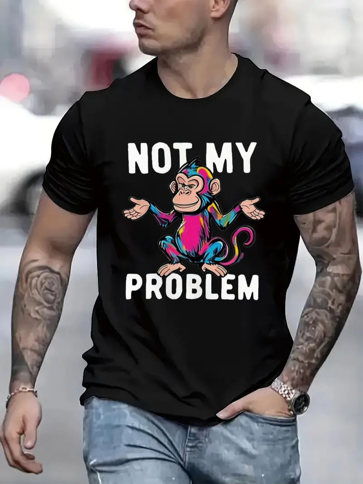Not My Problem Funny Monkey Graphic T-Shirt Men's Casual Humor Tee Shirt gallery