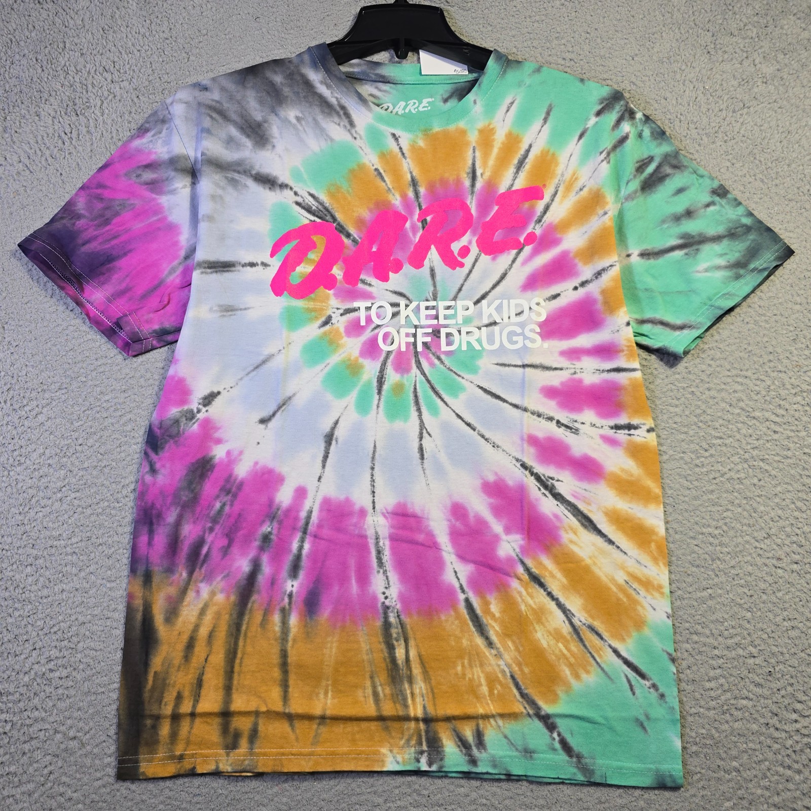 DARE T Shirt Mens Large Tie Dye Black Faded Keep Kids Off Drugs Casual Retro NWT gallery