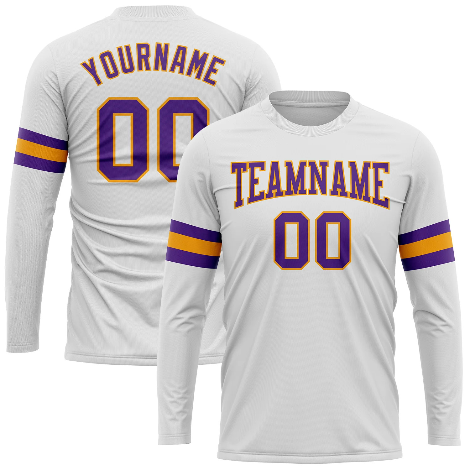 Custom White Purple Gold Long Sleeve T-Shirt Mens Sport Team Gift Graphic Tee
