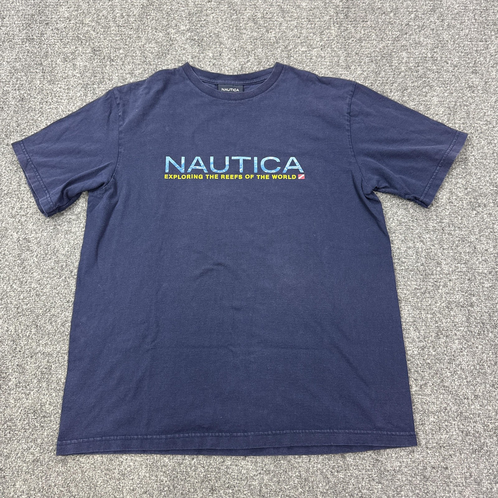 Vintage Nautica Shirt Mens Medium Blue Reefs Of The World Nautical Tee USA gallery