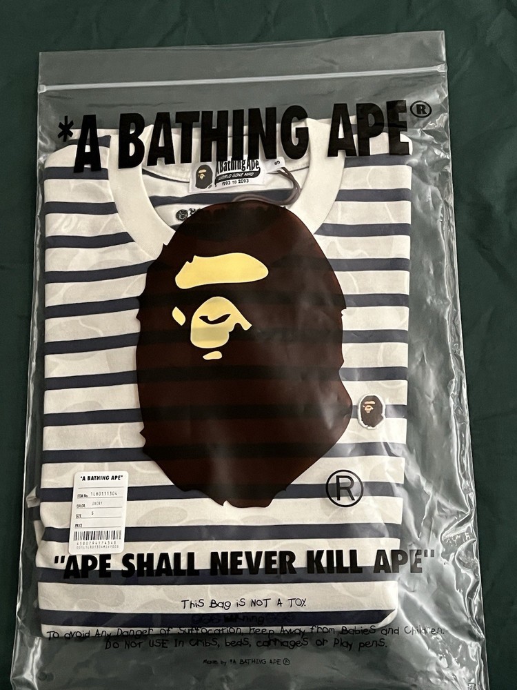 A Bathing Ape BAPE Camo Long Sleeve T-Shirt Ivory w/Navy Stripes Size S