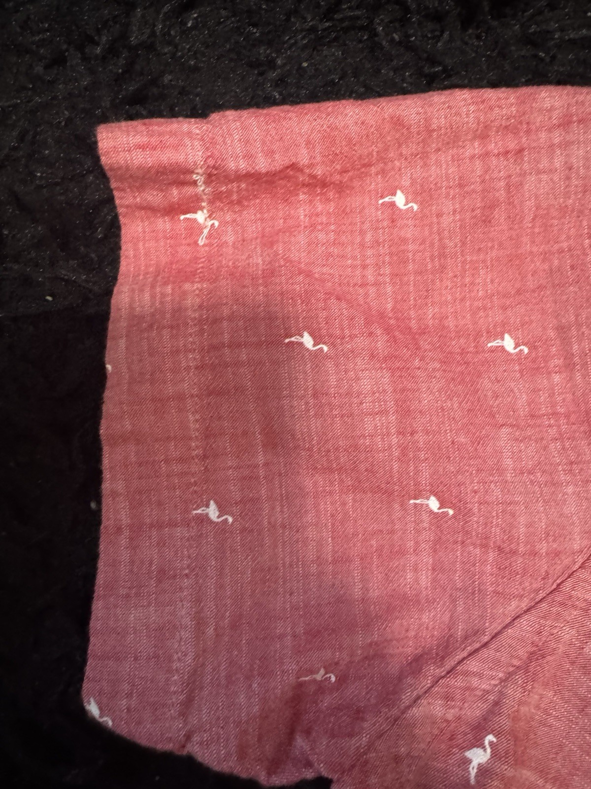 Denim & Flower red shirt with white bird-like figures, size L gallery
