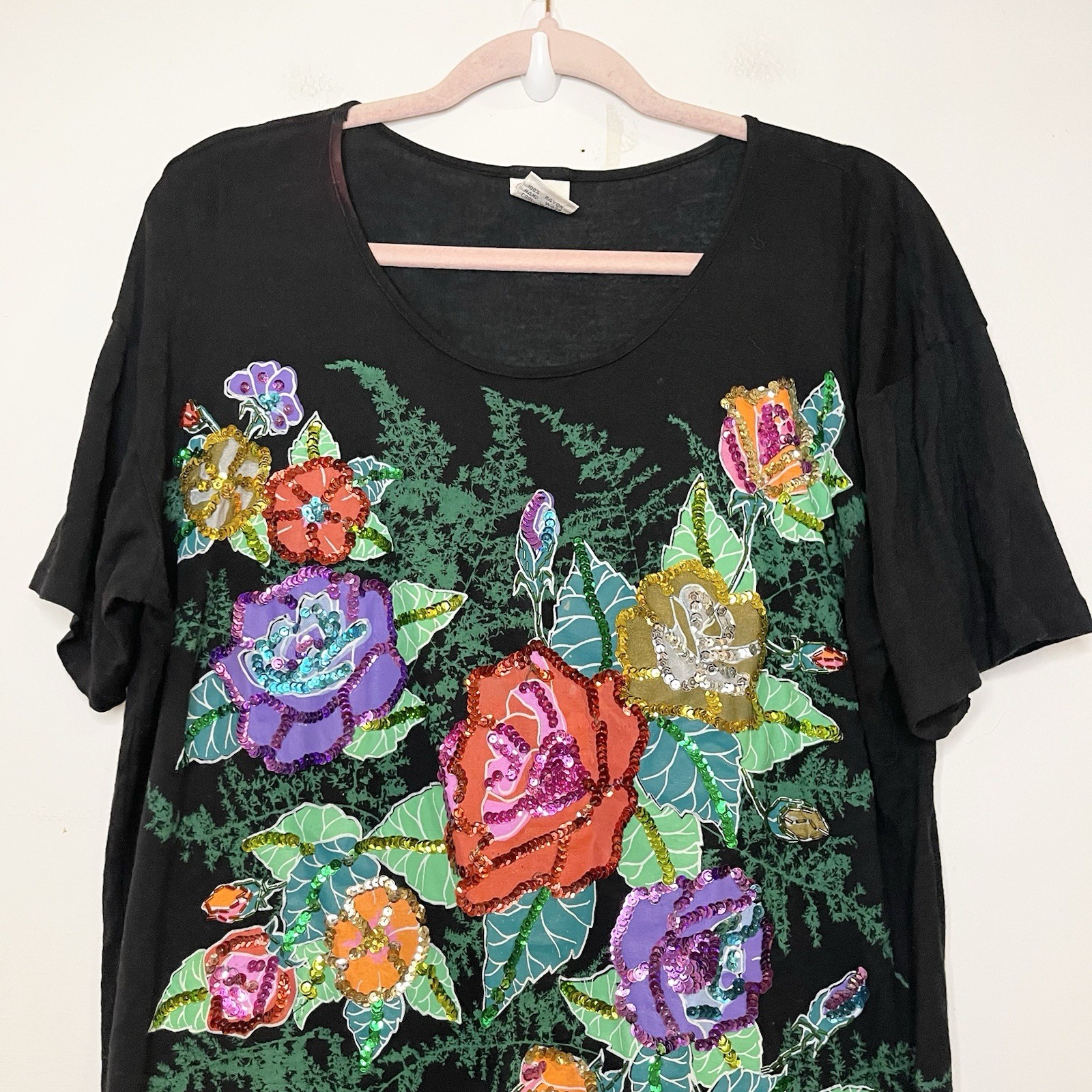 90s 80 Vintage Floral Graphic T Shirt Single Stitch Sequin Hand Made In Bali M gallery