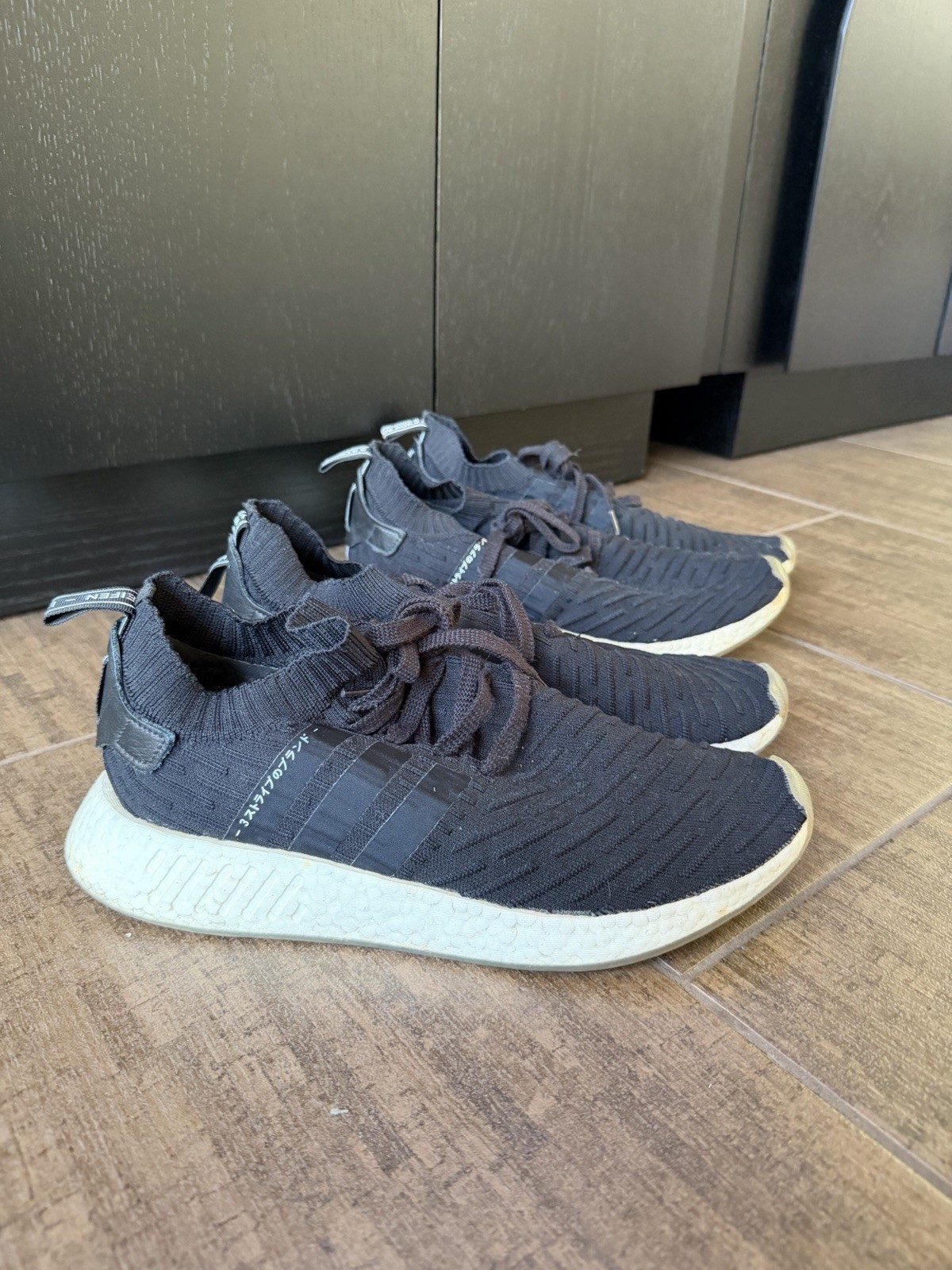 2x RARE Adidas NMD R2 Japan Core Black Size 11 BY9696 (Used)