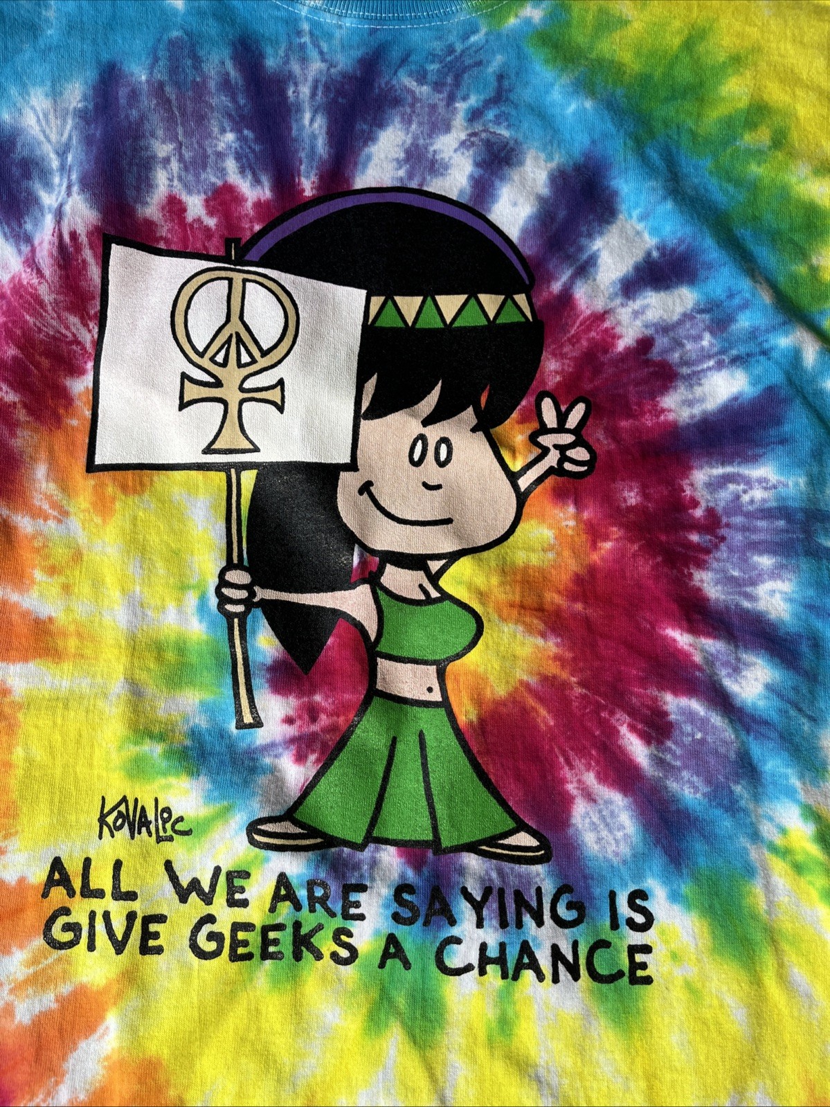 KOVALIC Tie Dye T-Shirt XL GIVE GEEKS A CHANCE Hippie Geek Humor Tee Peace gallery