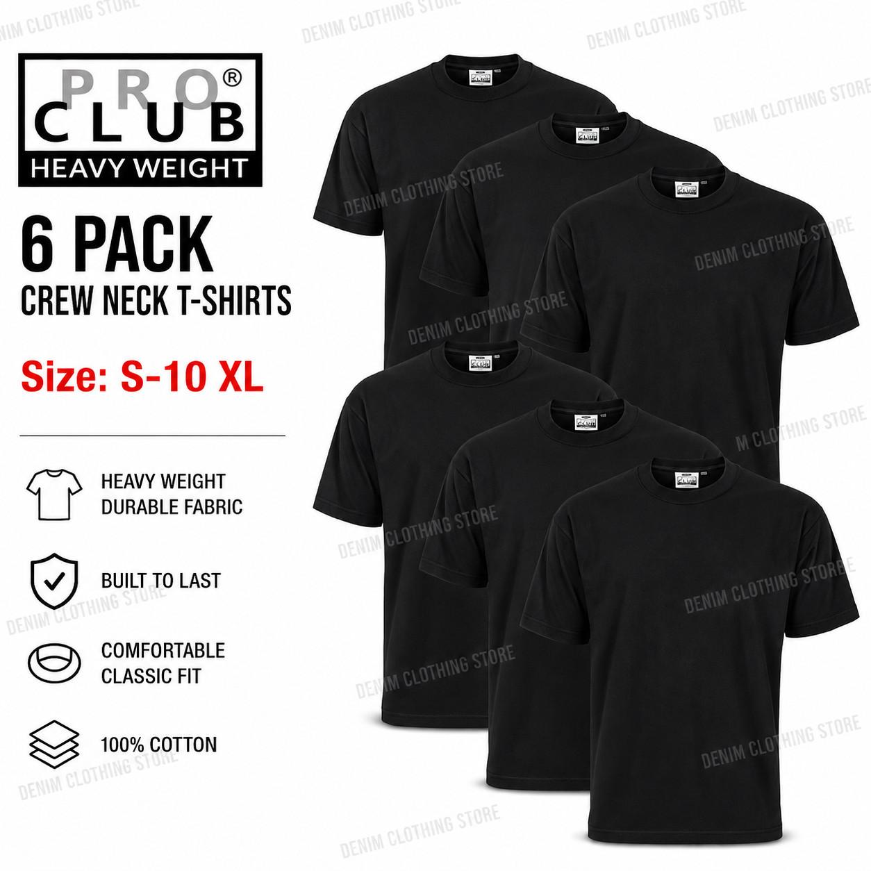 6 PACK PROCLUB PRO CLUB MENS HEAVYWEIGHT BLACK SHORT SLEEVE T SHIRTS COTTON TEE gallery