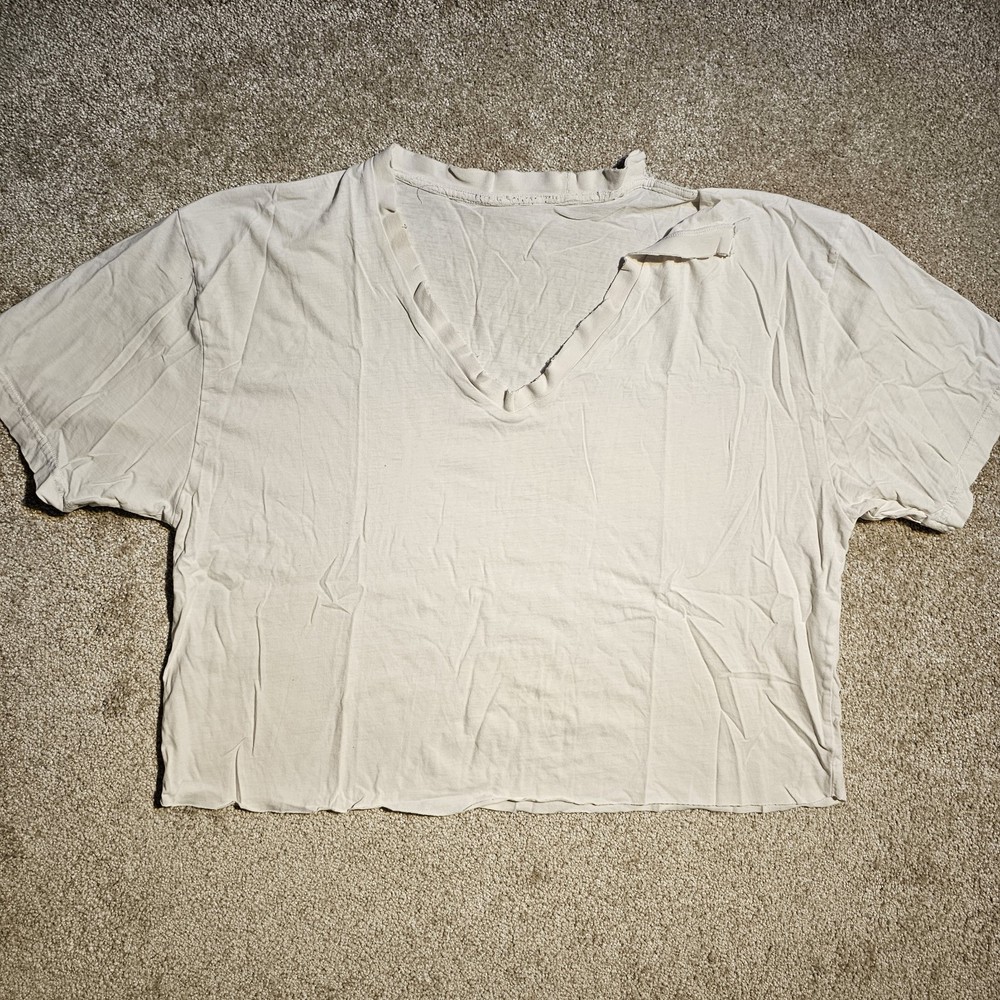 Vtg 90s Thrashed Cropped Blank V Mens XL Distressed T-Shirt White Rave Emo Punk