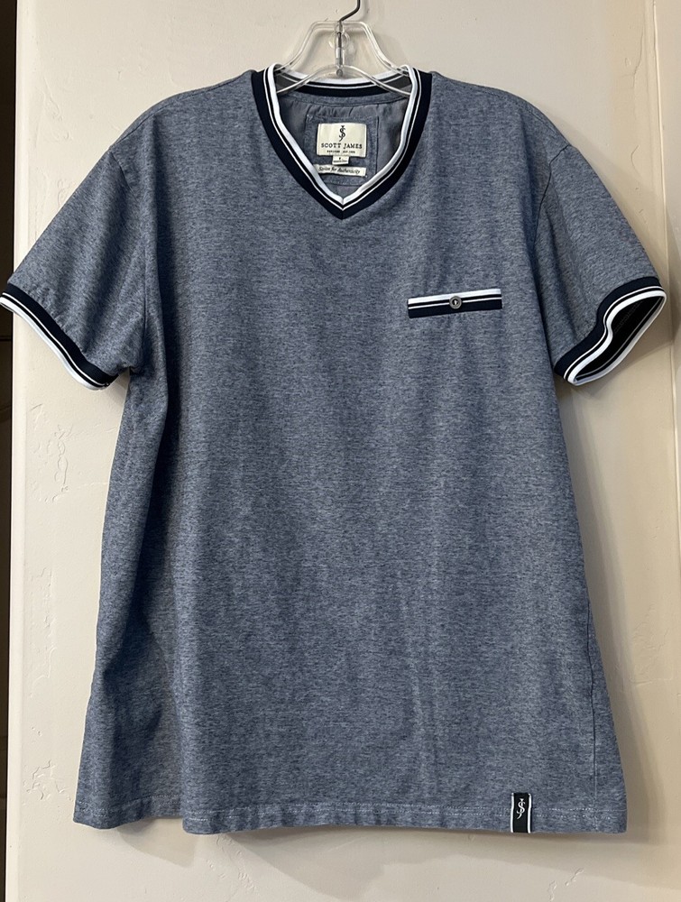 Scott James Men’s Blue Stretch V Neck Shirt W/Button Pocket & Contrasting Trim