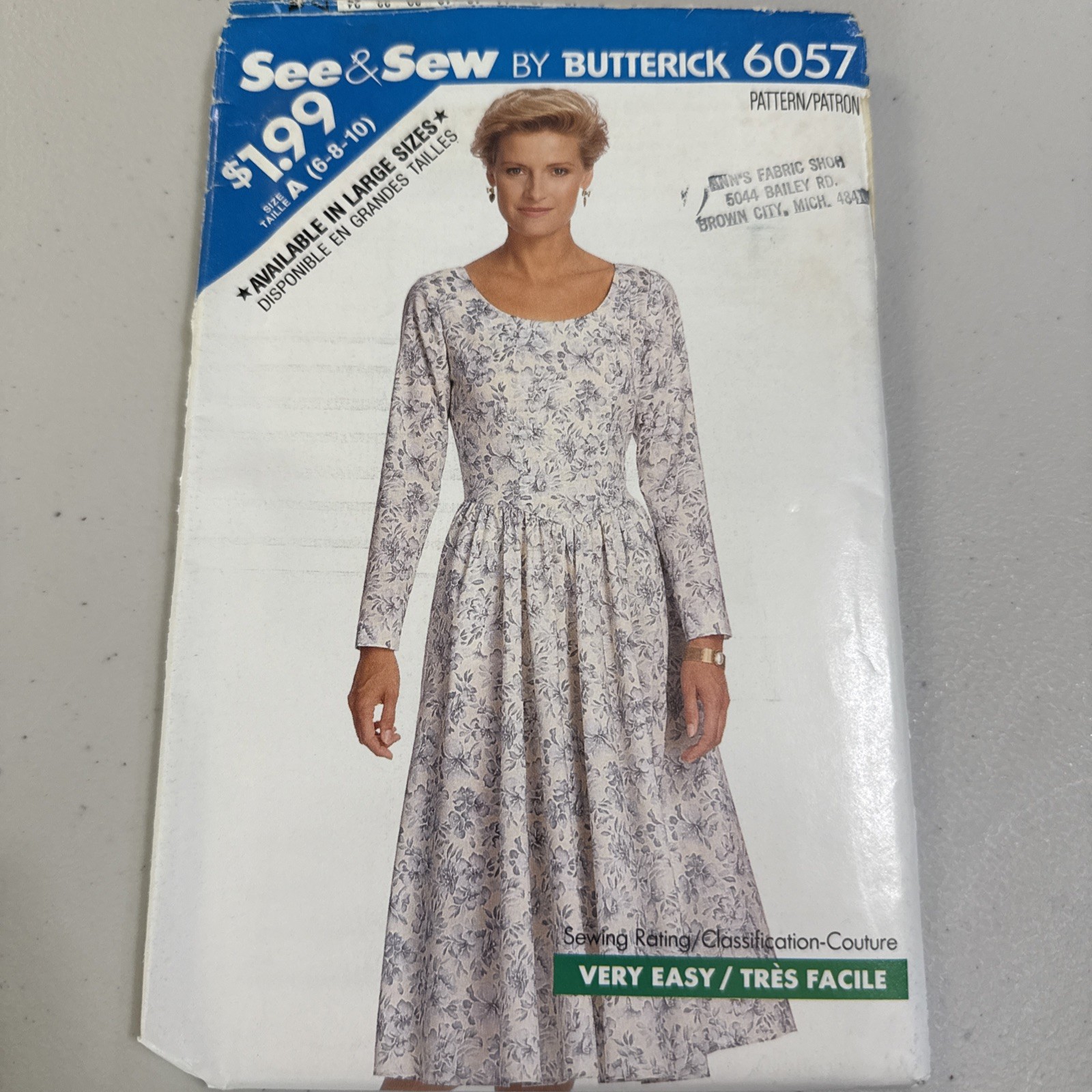 Butterick Sewing Pattern 6057 Size A 6 8 10 Misses Dress See & Sew 1988 Uncut