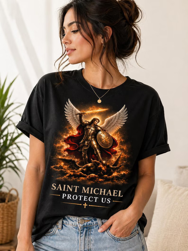 Saint Michael Arcangel T-shirt Burning Owl Graphic Shirt / Saint Michael Tshirt gallery