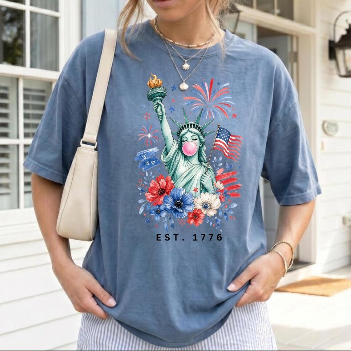 Funny Statue of Liberty Bubble Gum Shirt Cute 4th of July Women Patriotic Tee gallery