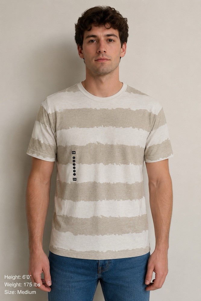 CSG Men’s Size Medium Beige White Stripe Casual Crew Neck Tee