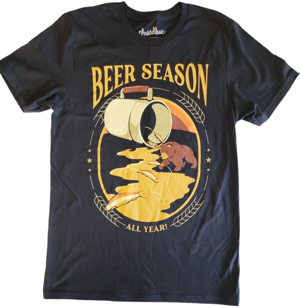Novelty T-shirt Graphic Tee Beer Bear Season All Year Camping Woods Men's Small gallery