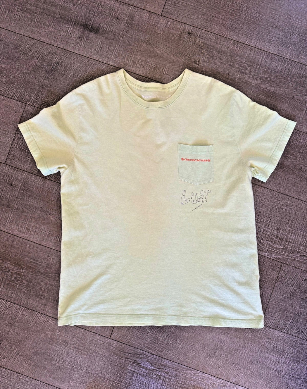 CHROME HEARTS & MATTY BOY Rare "Lust" T Shirt Lime Green XL PTP 24" gallery