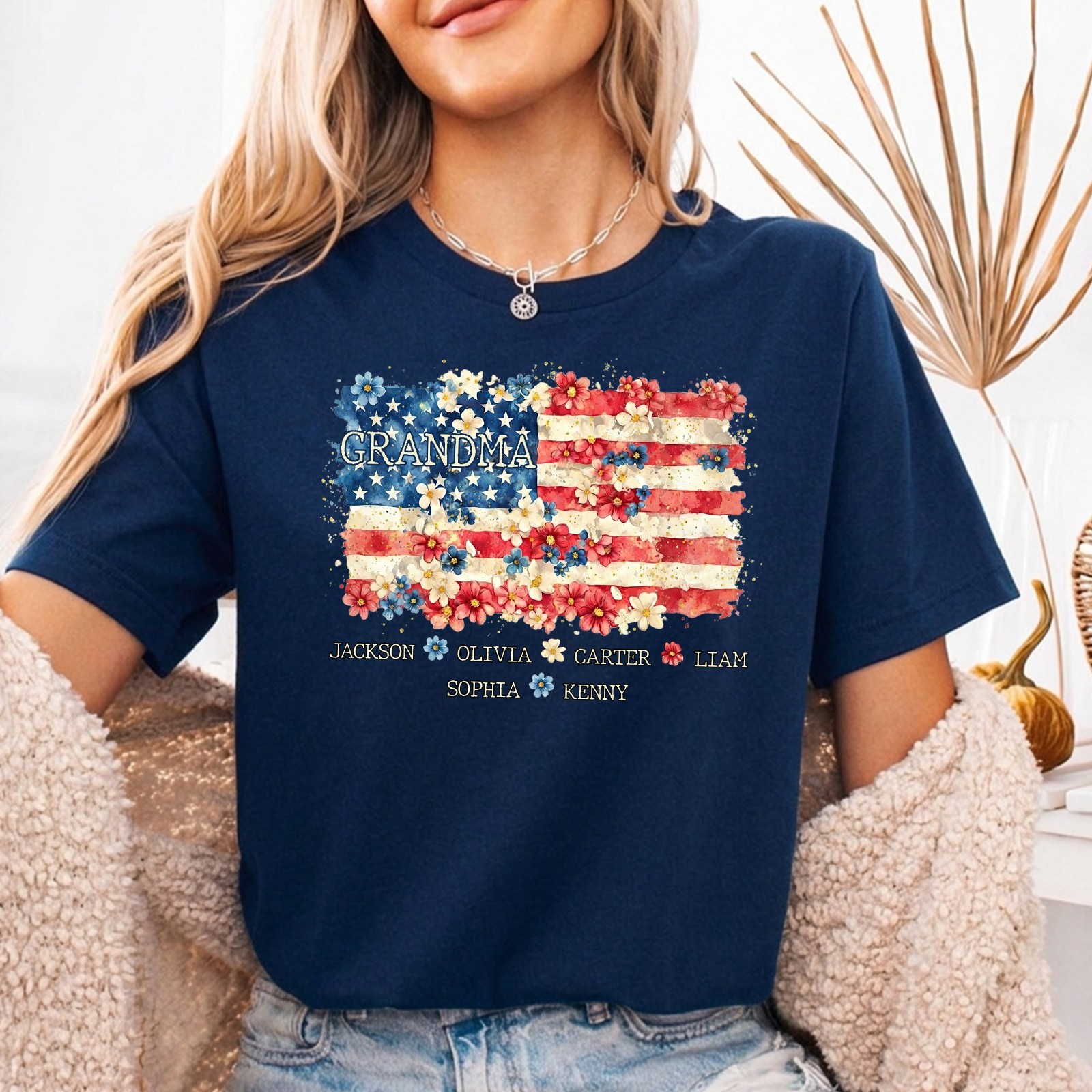 Personalized Grandma Shirt Grandkids Names Floral USA Flag 4th of July Gift Tee