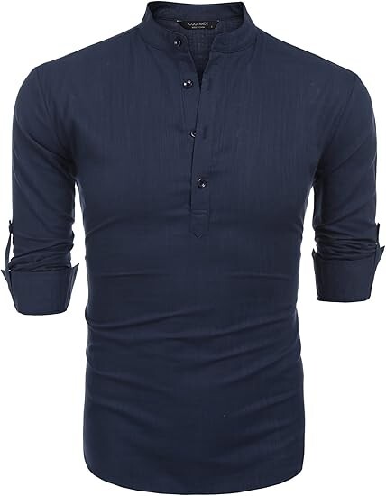 COOFANDY Men's Cotton Linen Henley T-Shirt Long Sleeve Hippie Casual Beach Blue gallery