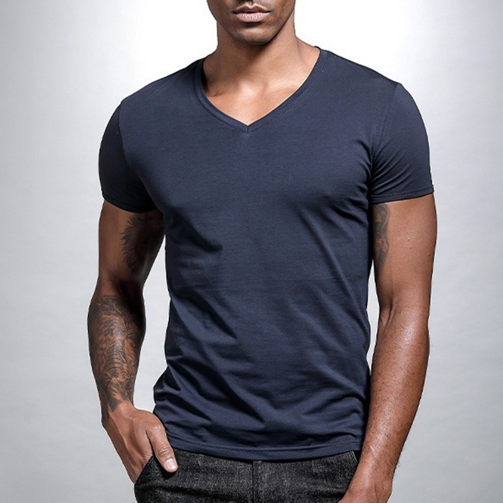 Men Solid Color V Neck Tight Fit T Shirt Short Sleeve Polyester Base Layer Top gallery