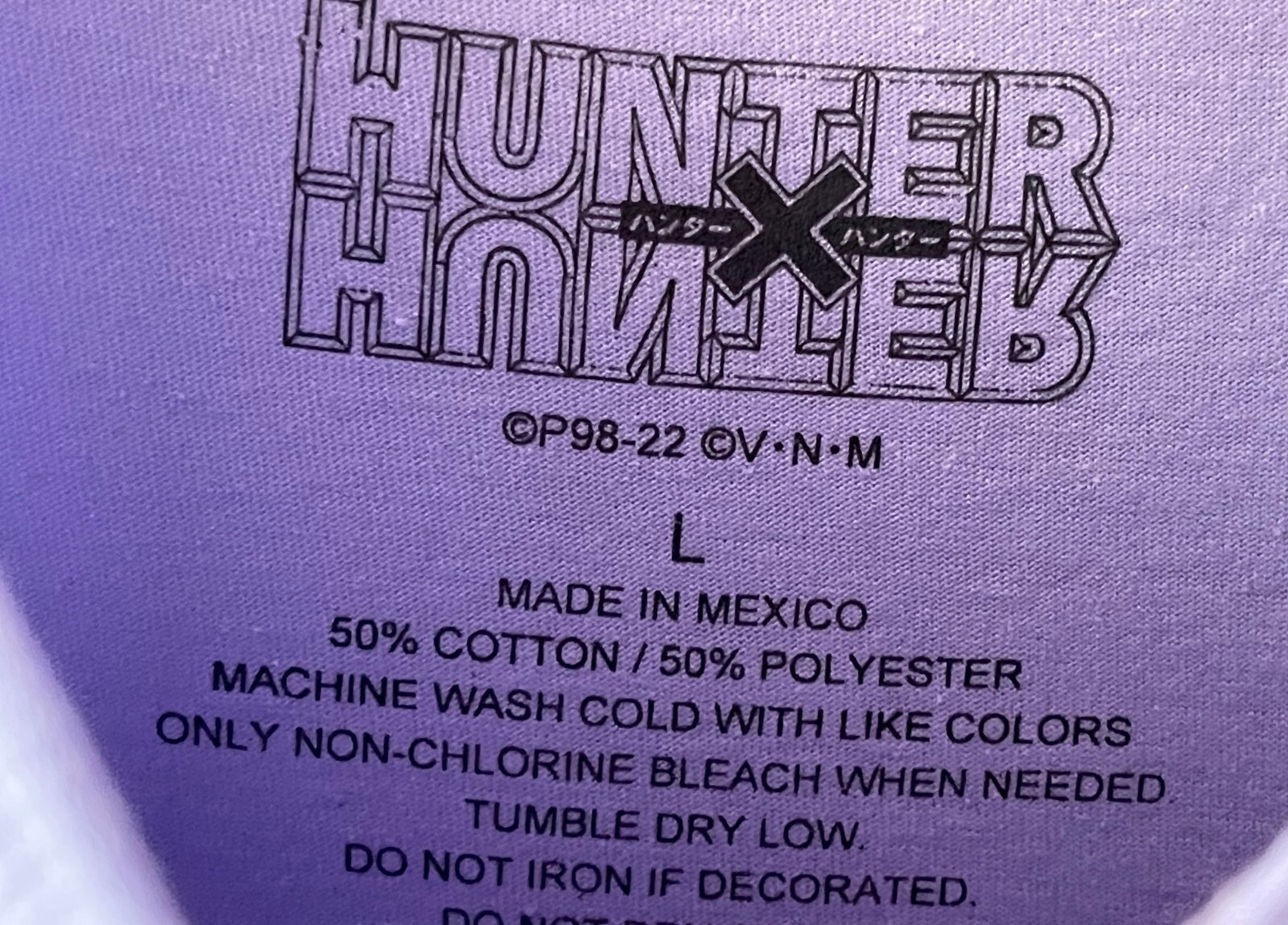 HUNTER X HUNTER TEE SHIRT, ADULT L, 50/50 COTTON POLY, LAVENDER, NWOT gallery