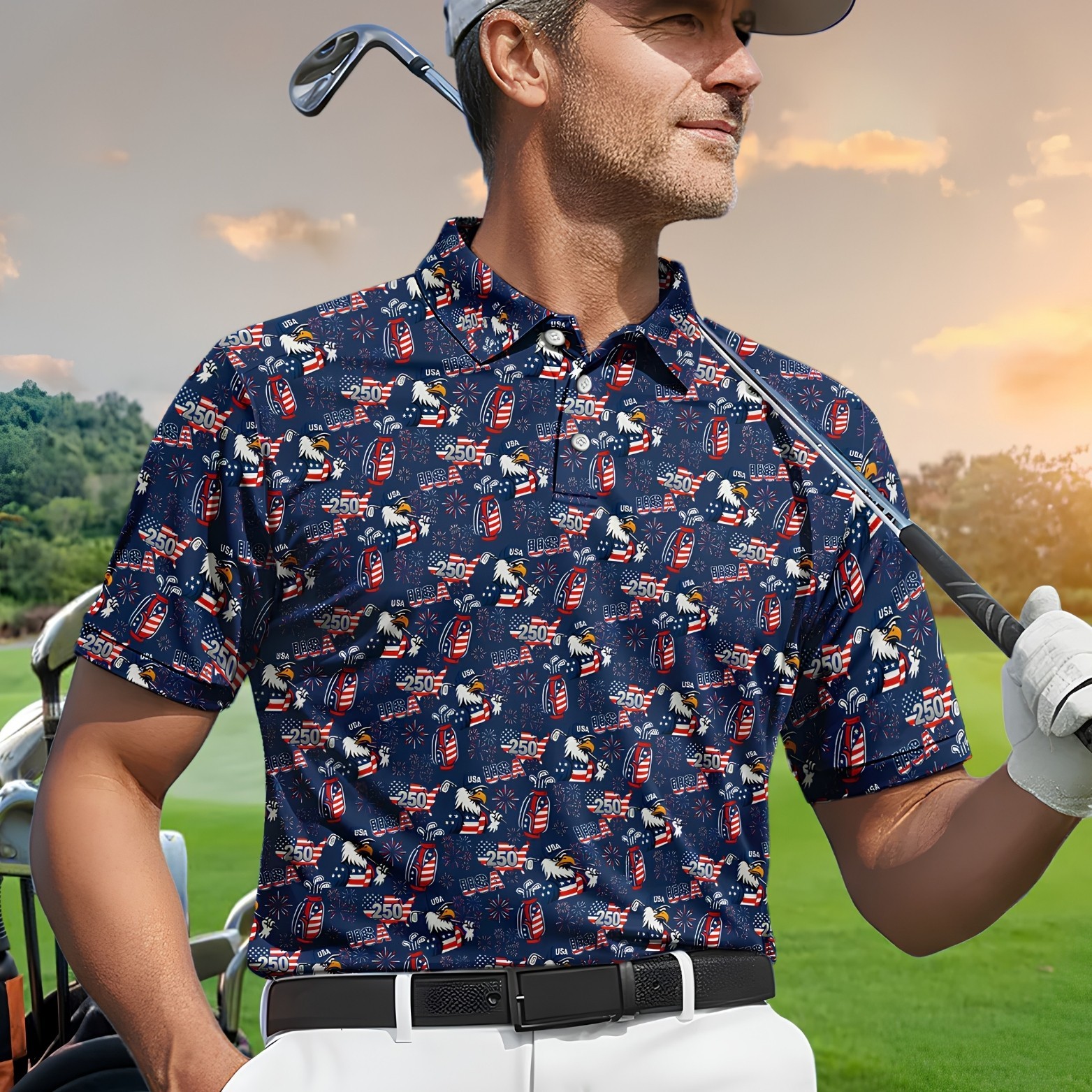 Men 250 USA Birthday Golf Polos, Patriotic Bald Eagle American Flag Shirt(S-5XL) gallery