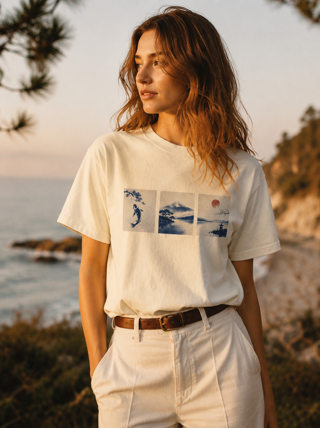 Koi Fish Triptych T-Shirt | Mount Fuji & Red Sun | Comfort Colors 1717 gallery