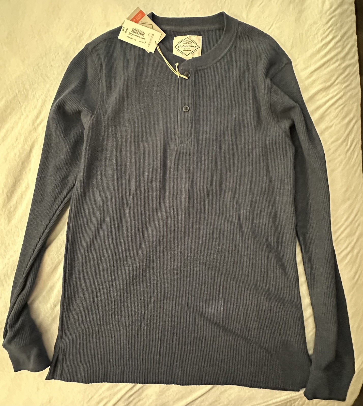 NEW St Johns Bay Shirt Mens Small Blue Cotton Henley Waffle Knit Long Sleeve gallery
