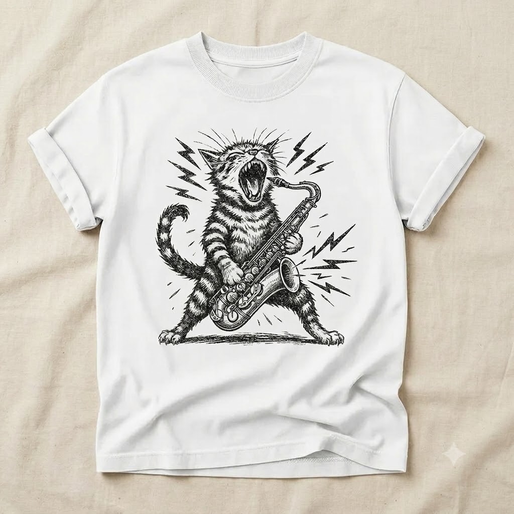 Rock n Roll Cat Playing Saxophone Funny Music Lover Kitty Unisex T-Shirt