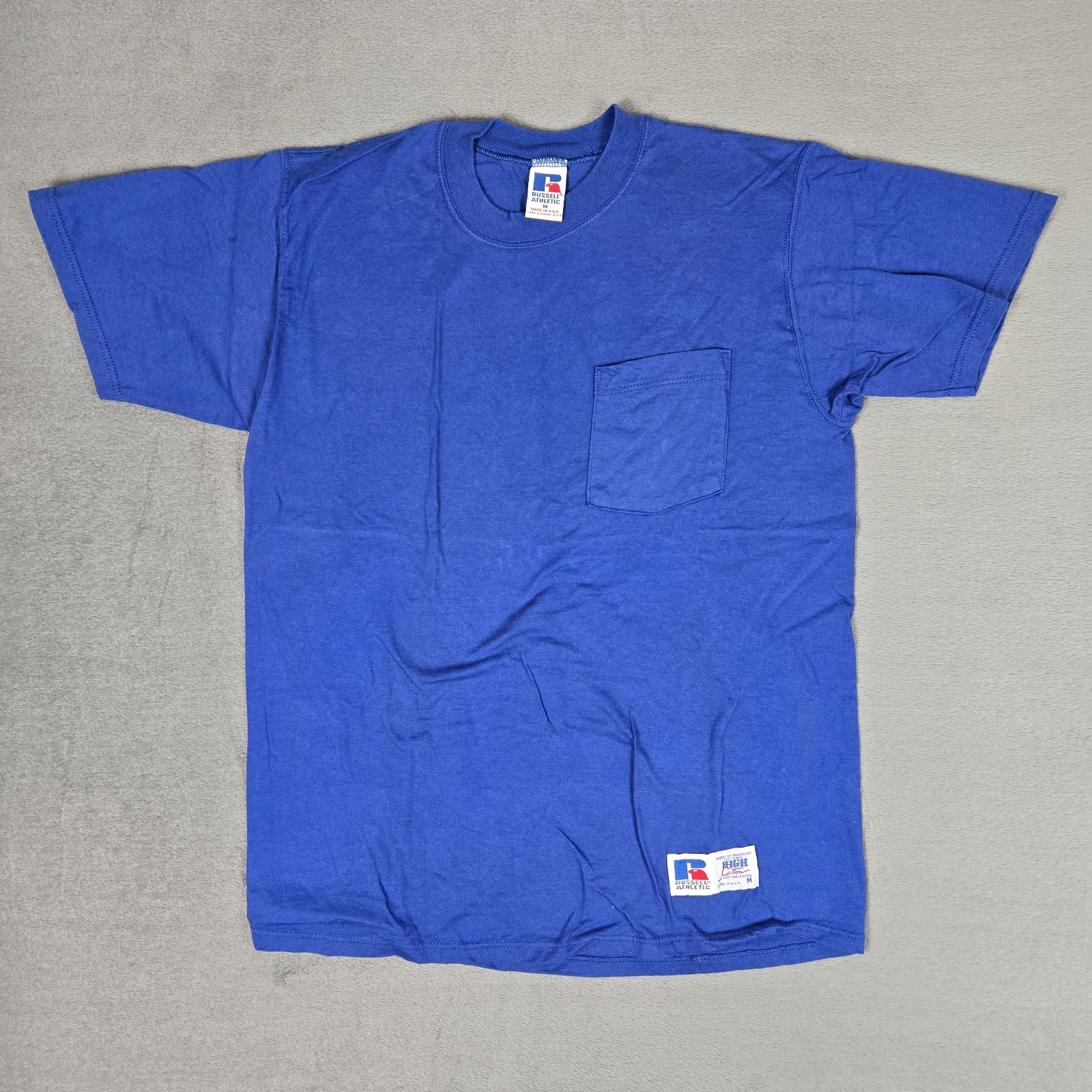 Russell Athletic High Cotton T-Shirt Mens Mediun Blue Solid Pocket USA Made Vtg gallery