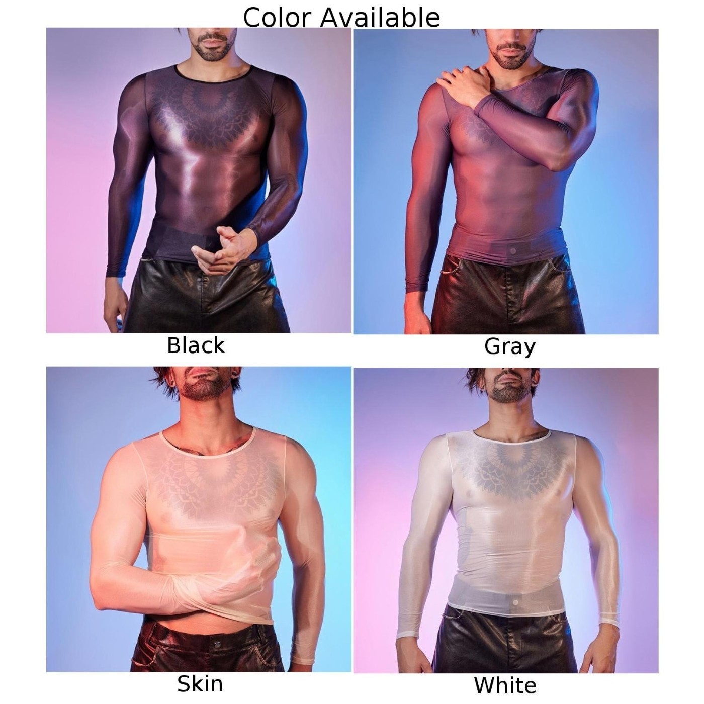 Long Sleeve Men's Sexy Lingerie Top O Neck Tight Sheer Shirts Oil Shiny gallery