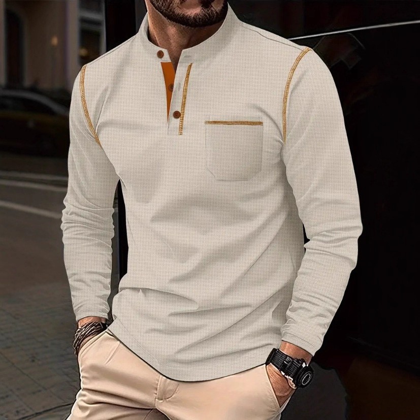 Mens Long Sleeved High-Grade T-shirts Standing Collar Formal Occasions Shirt Top gallery