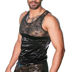 Men’s Tight Fitting Patchwork Leather Mesh Vest Sexy Nightclub Shaping Tank Tops