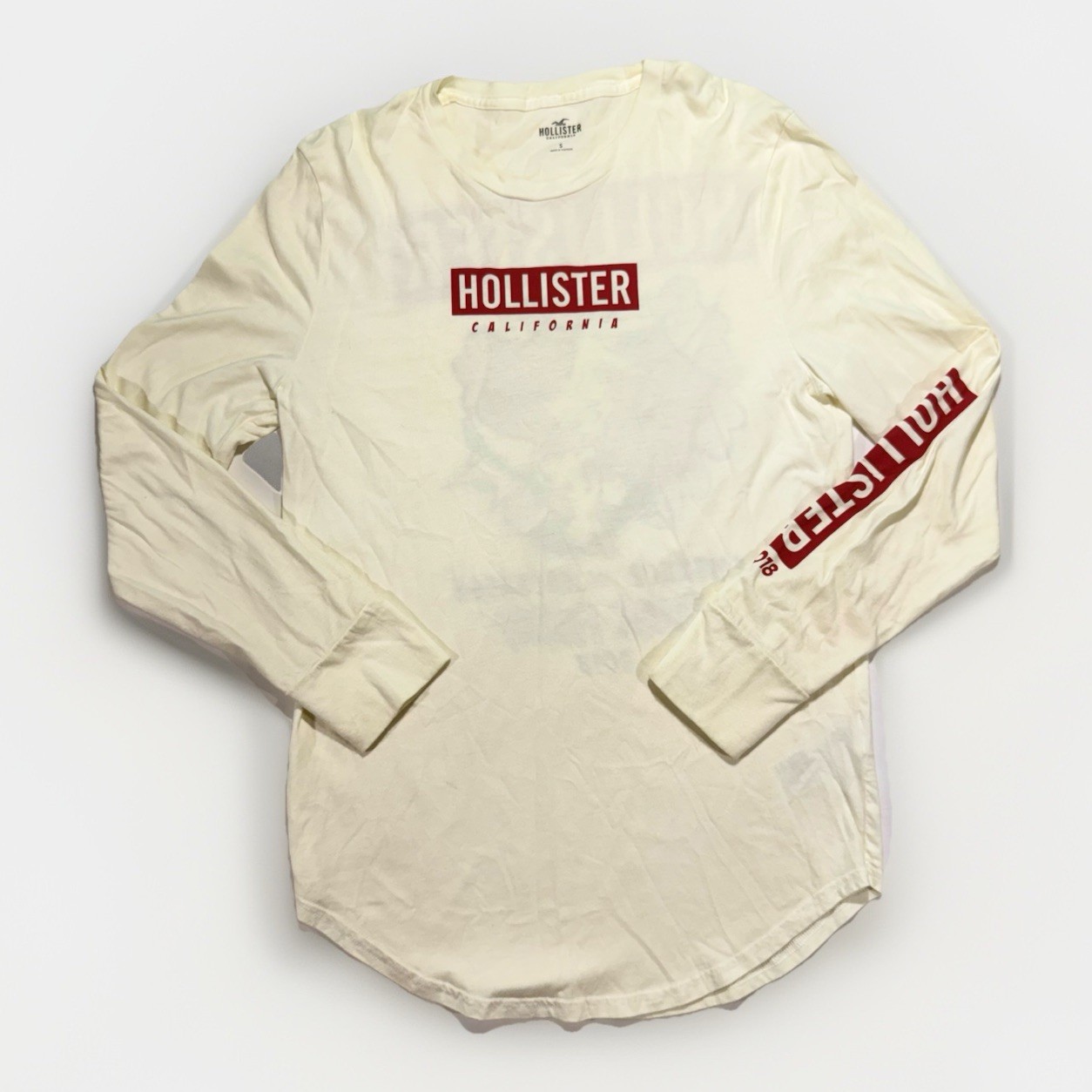 Hollister Men's Curved-Hem Graphic Long-Sleeve Tee Off-White Cream Color Size S gallery