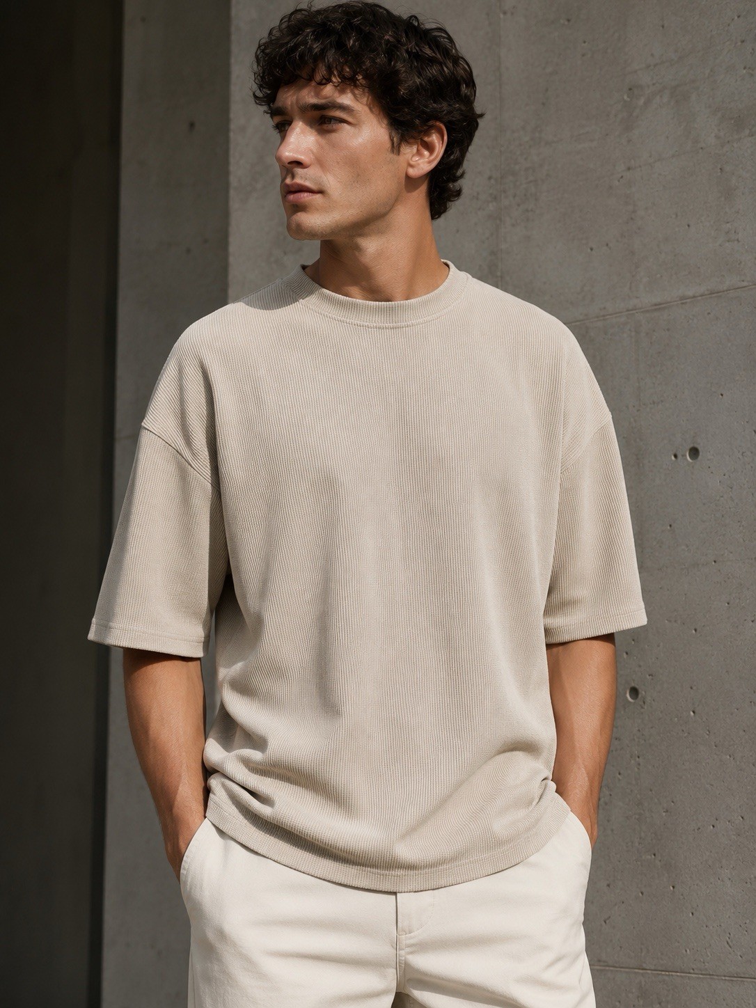Mens Textured Rib Knit Pullover Shirt Beige Sand Boxy Minimalist Size L Khaki