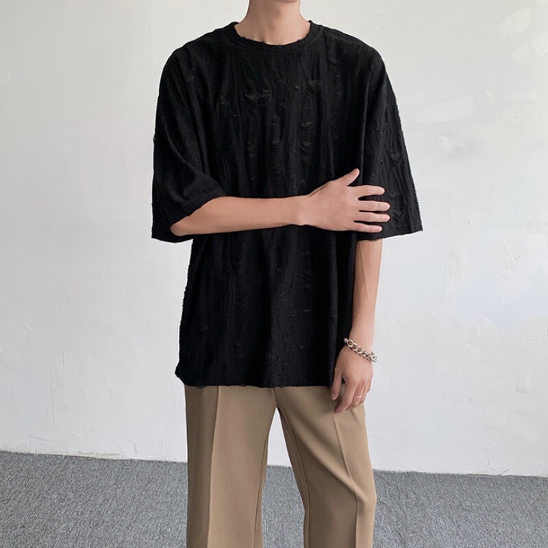 Men Retro Thin Short Sleeve Shirt Ripped Hollow Blouse American Style Tops Soft