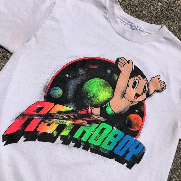 Vtg Astro Boy The Might Atom Cartoon Single Stitch Rainbow Graphic White Tee