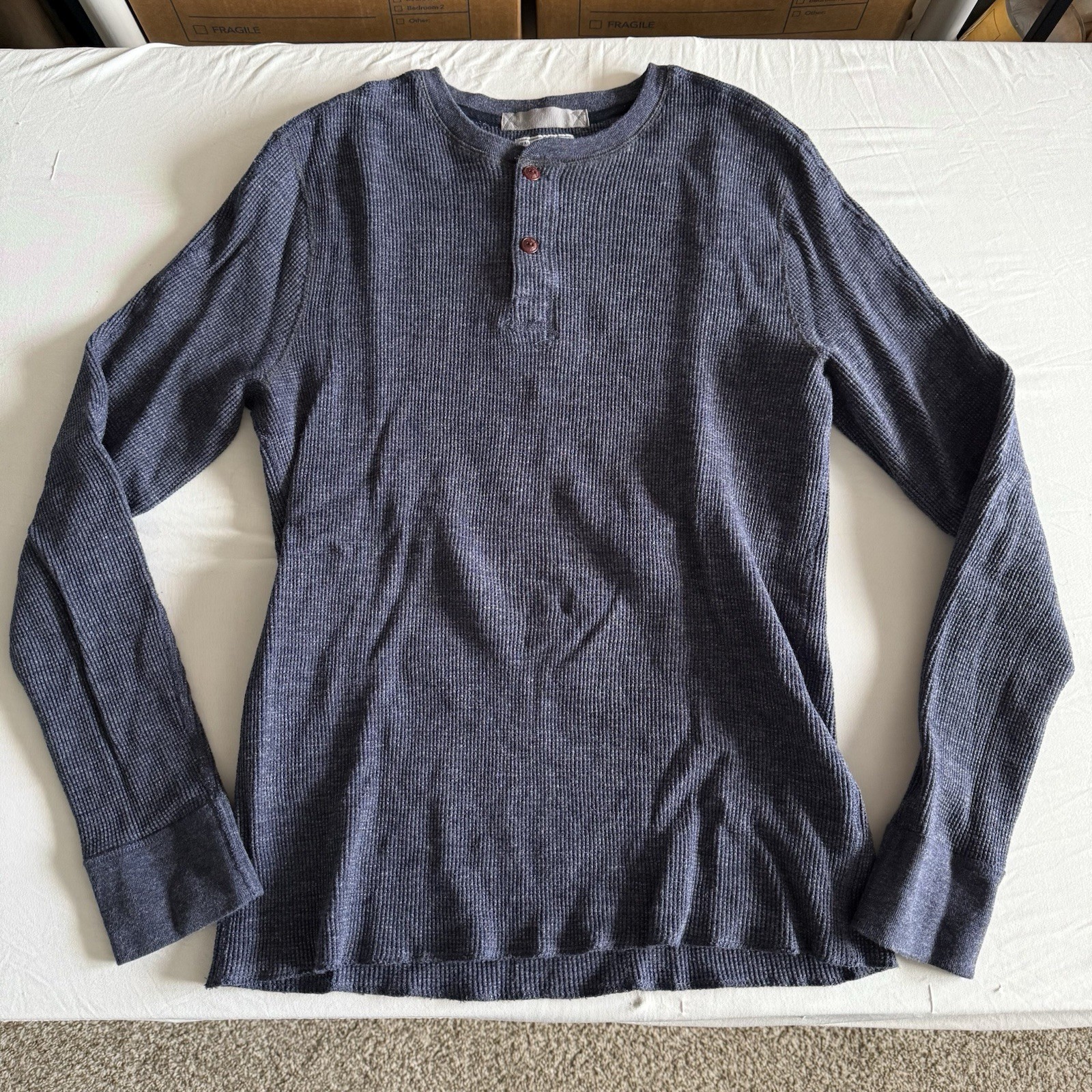 Wallace & Barnes Henley Thermal Mens Large Waffle Knit Workwear Pullover Blue gallery