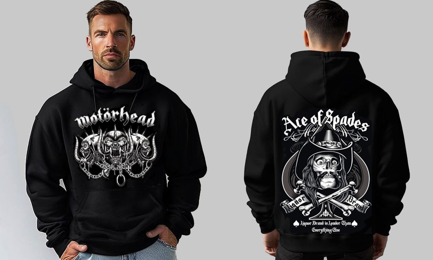 MOTOR HEAD ACE OF SPADES BLACK HOODIE FRONT &BACK PRINT MEN'S 100% SILK SCREEN gallery