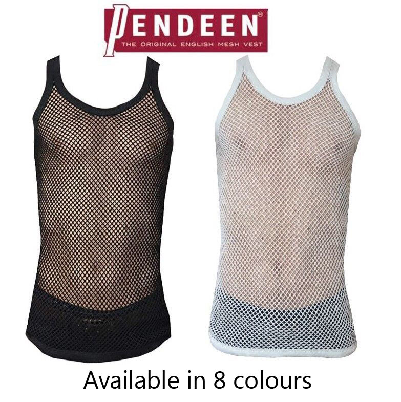 Original Pendeen Mens Premium 100% Cotton Mesh Fishnet String Vest Top V Neck