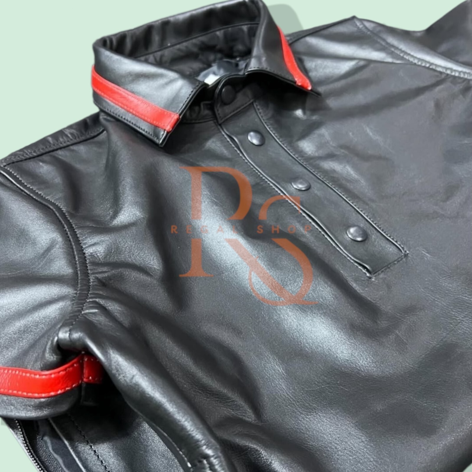 Men’s Leather T-Shirt Black Leather Shirt Red Lines Style Real Lambskin Leather
