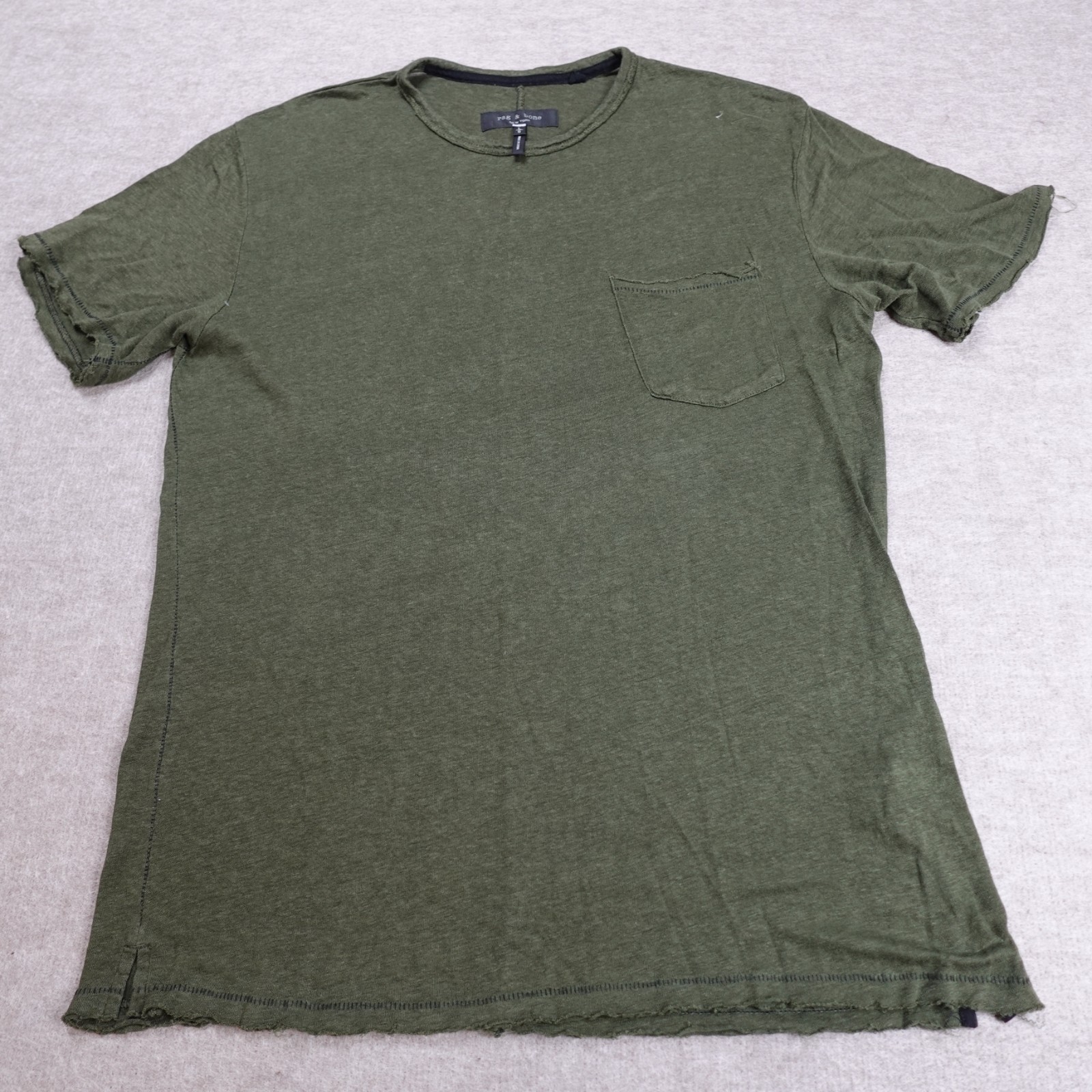 Rag & Bone Mens Shirt Large Green Olive Raw Hem 100% Linen