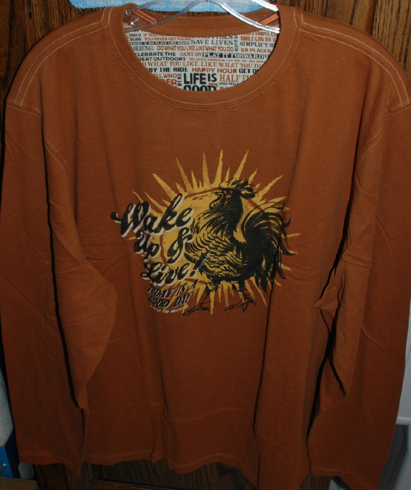 M NWT Men's Life is Good Wake Up & Live Rooster Orange Semi-fitted LS Creamy Tee gallery