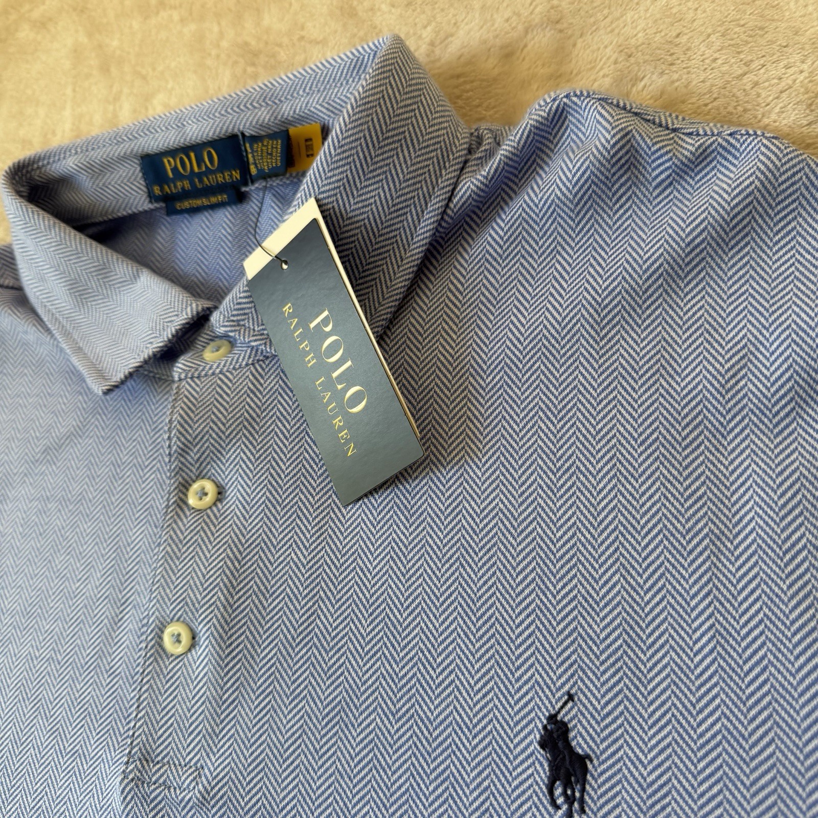 Polo Ralph Lauren Custom Slim Fit Herringbone Polo Long Sleeve Shirt Blue Sz XXL gallery