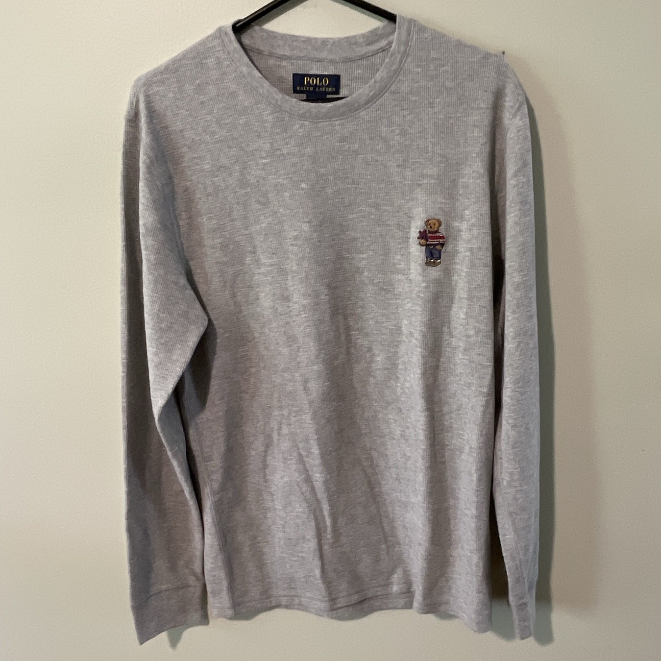 Polo Ralph Lauren Polo Bear Gray Waffle-Knit Crewneck Pullover Thermal Shirt M gallery