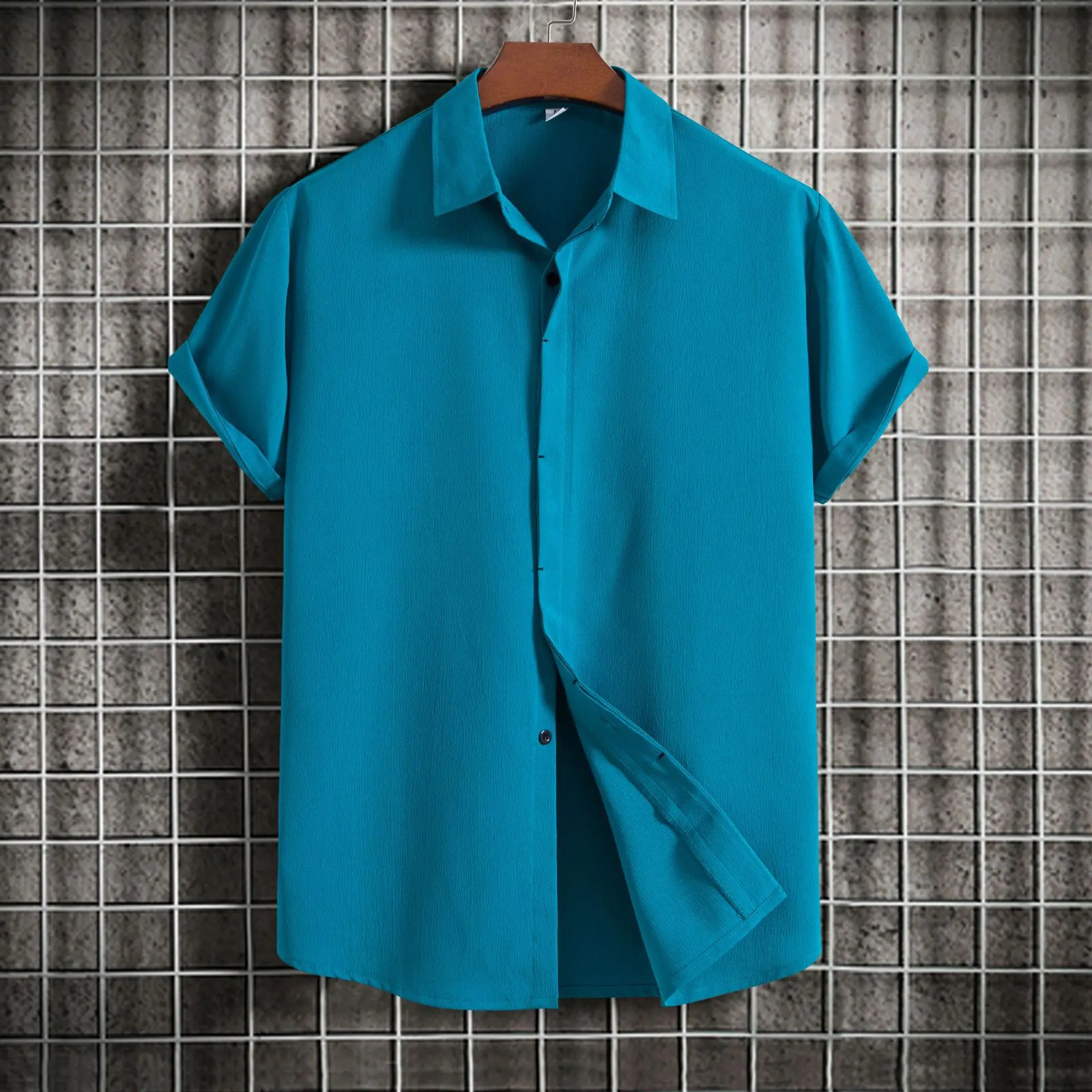 Loose Fit Pure Color Button up Short Sleeve Men's Shirt Summer New Arrival Clean gallery