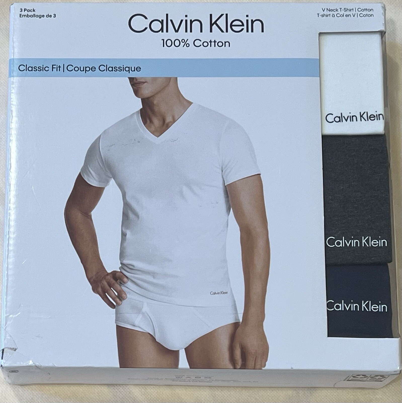 CALVIN KLEIN 3 PACK CLASSIC FIT Soft Breathable Cotton T-SHIRTS V Neck LARGE