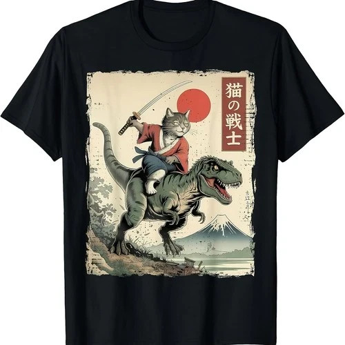 Samurai Cat Riding T-Rex Ukiyo-E Style Funny Graphic Unisex T-Shirt