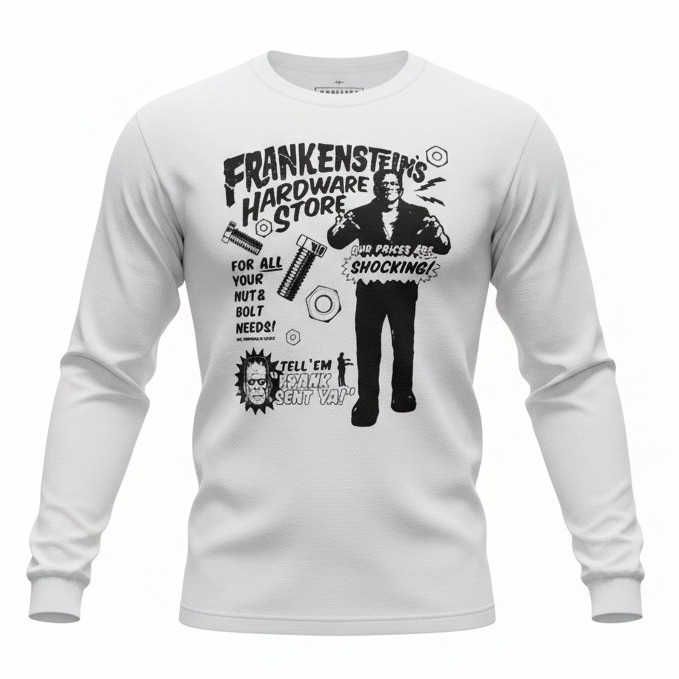 Universal Monsters Frankenstein Hardware Store Graphic Long Sleeve Shirt White M