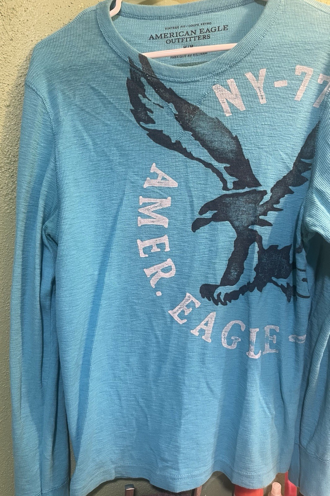 American Eagle Outfitters Eagle Logo Graphic: Men's Blue LS Tee M y2k gallery