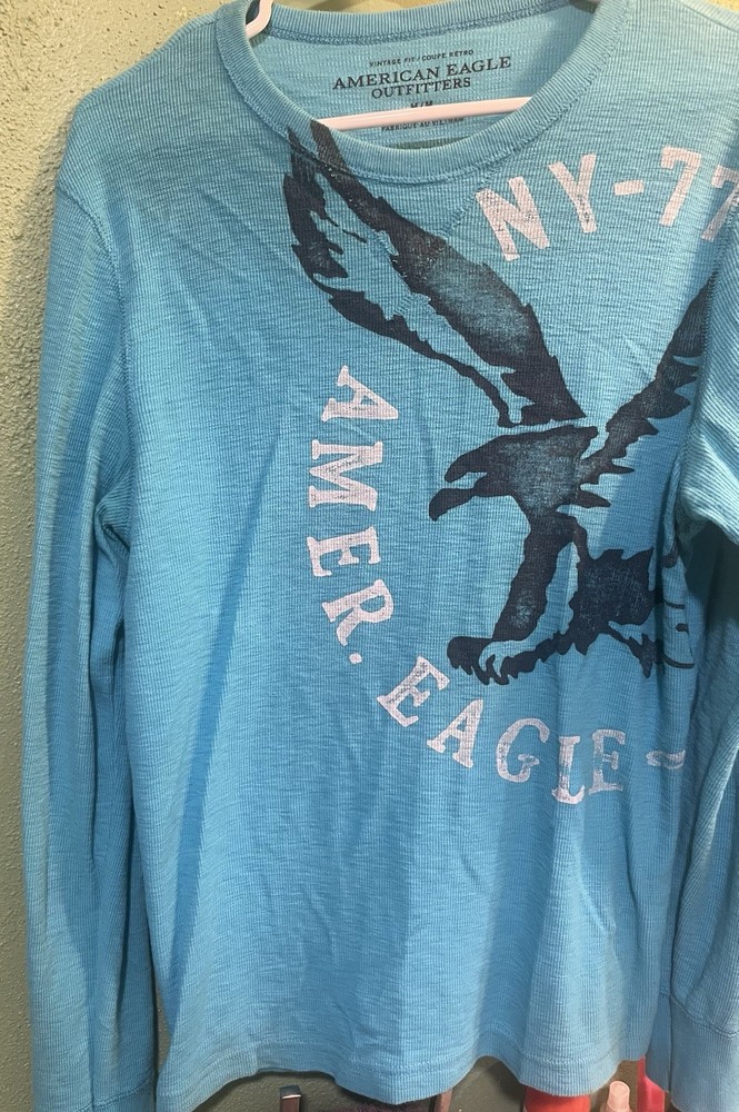 American Eagle Outfitters Eagle Logo Graphic: Men’s Blue LS Tee M y2k